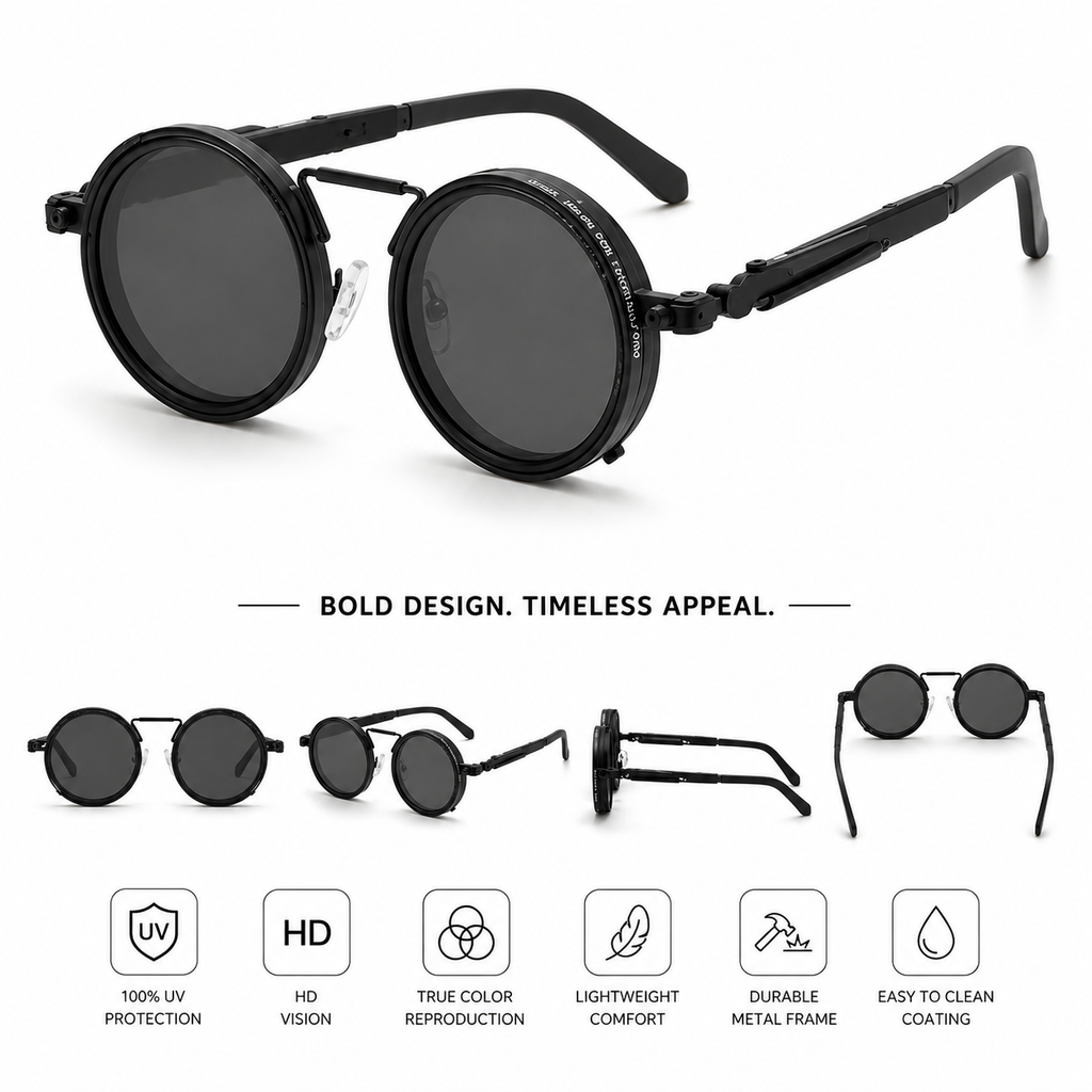 Adjustable Tint Steampunk Round Sunglasses for Men & Women | UV Protection Retro Metal Frame