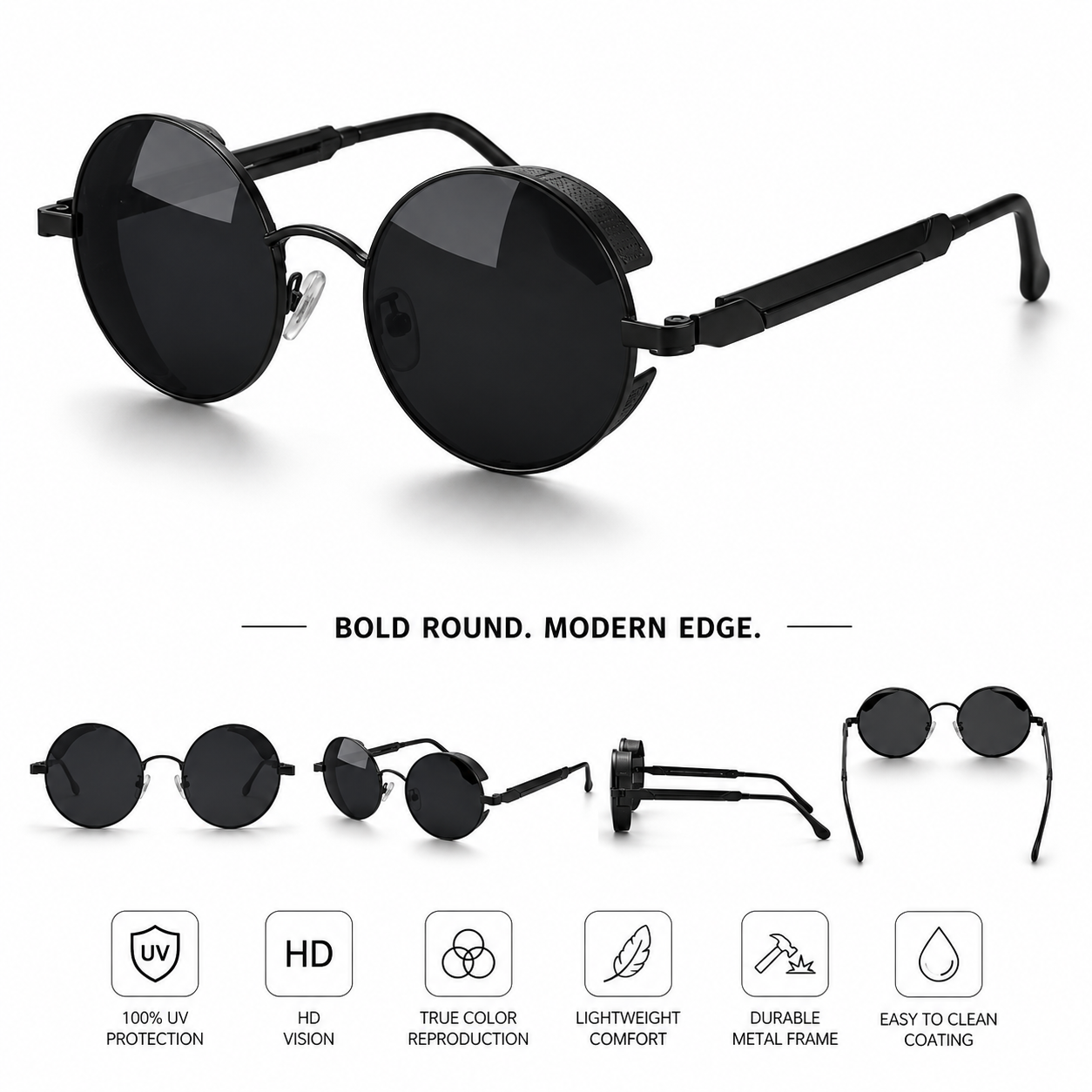Retro Round Black Sunglasses for Men & Women | Vintage Steampunk UV Protection Shades